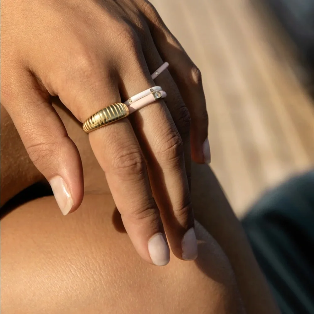 🤍 White Enamel Gold Gem 925 Sterling Silver Ring
